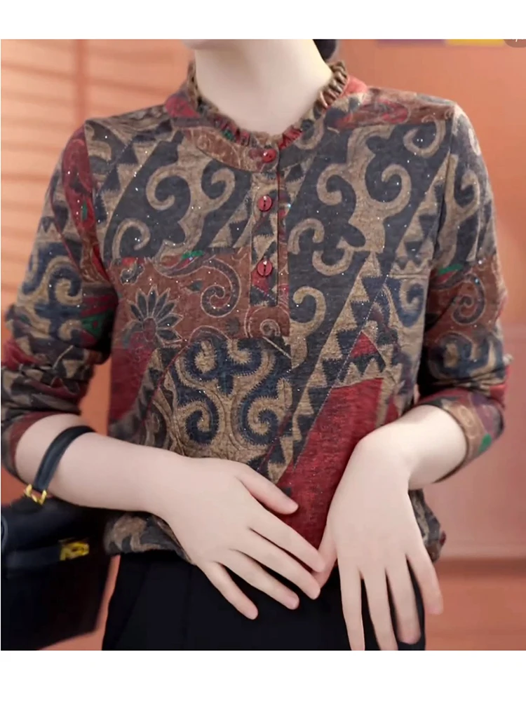 

Spring Autumn Vintage Printed Long Sleeve T-shirt for Women 2025 New Fashion Base Shirt Western Style Blouse Top S200