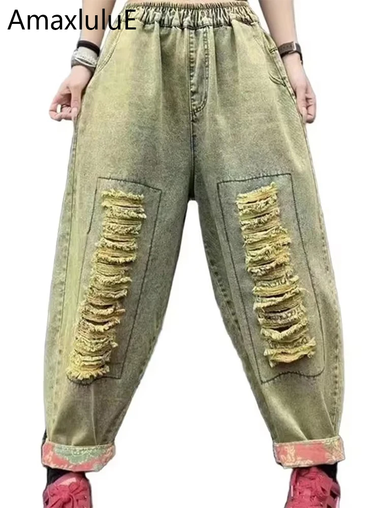 

Amax luluE 2025 весенние женские модные джинсы больших размеров с дырками, свободные винтажные джинсовые брюки, женские повседневные классические рваные шаровары
