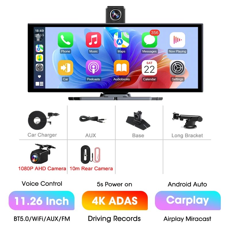 11.26 "4K ADAS Dash Cam Display Draadloos Android Auto CarPlay Scherm DVR Dubbele opname Nachtzicht Auto Intelligente systemen FM