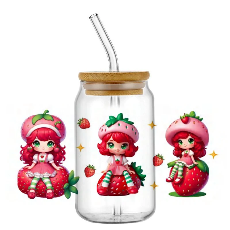 Cute Strawberry Girl Decal 3D Washable UV DTF Transfer Sticker Waterproof Transfers Decals for 16oz Glass Cup Wrap Stickers