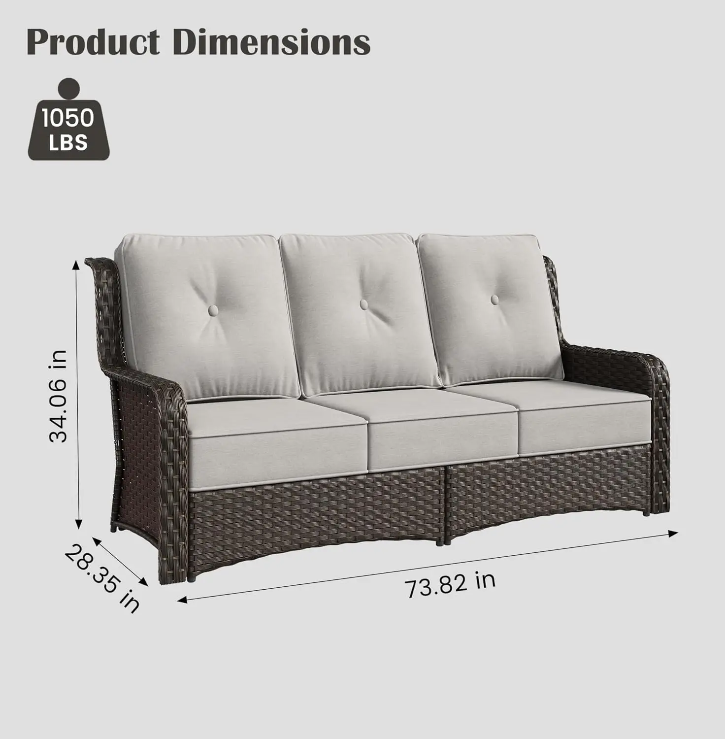 3-Seat Wicker Patio Sofa, Outdoor Garden Furniture, Grey, Customized