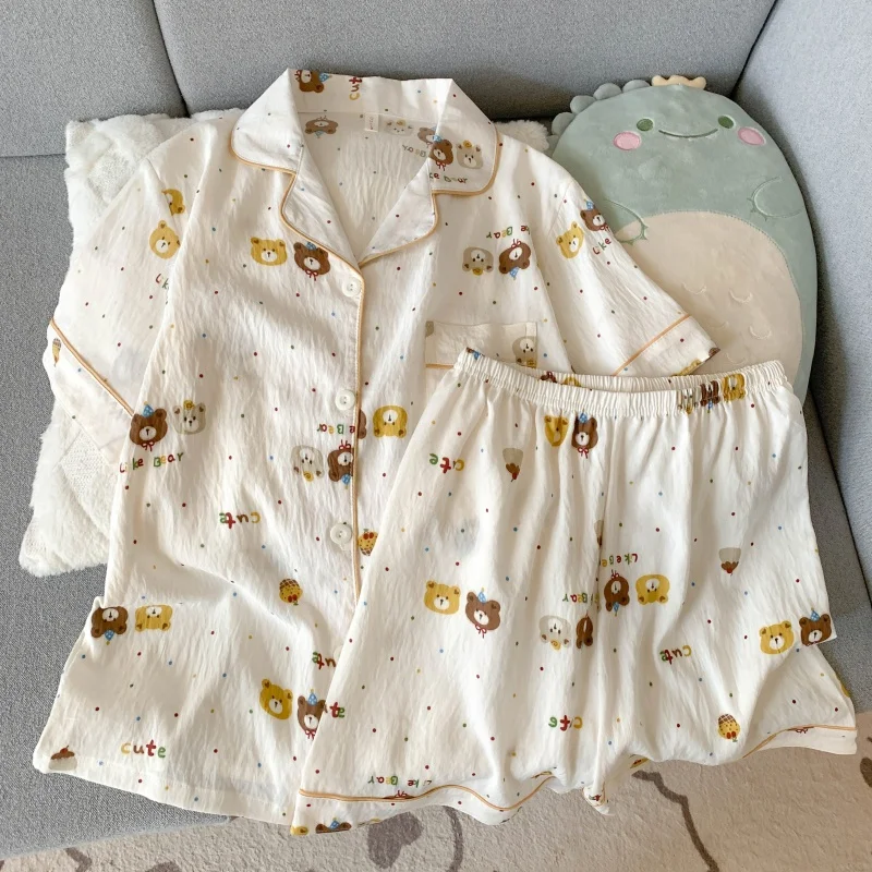 クマドットレタープリント韓国スタイルの女性のパジャマセットカジュアル Y2K 外夏の新 2025 パジャマセットファッションスイートホームウェア