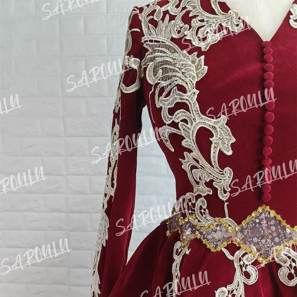 Caftan arabe longueur thé, robes de soirée bordeaux, manches longues, Dubaï, saoudien, dentelle perlée, velours, robe de Rh, Karakou Algerien, personnalisé