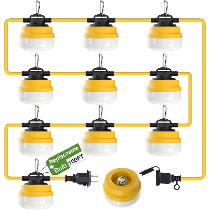 

Construction String Lights, 100W 12000LM IP65 Weatherproof Linkable Jobsite Work Light with 10 Replaceable Bulbs