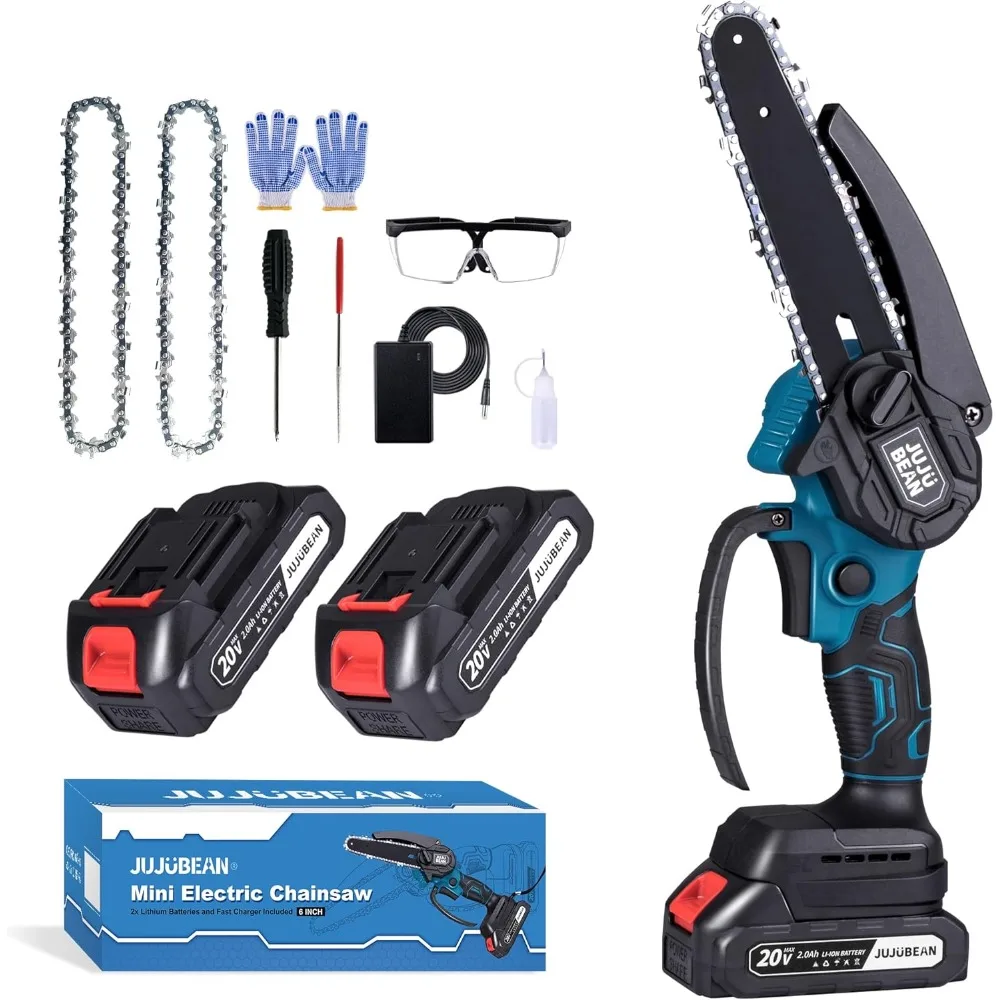 

6" Cordless Mini Chainsaw, Battery Operated with Charger, Portable Handheld, Tree Trimmer, Branch Cutter (2 Batteries)