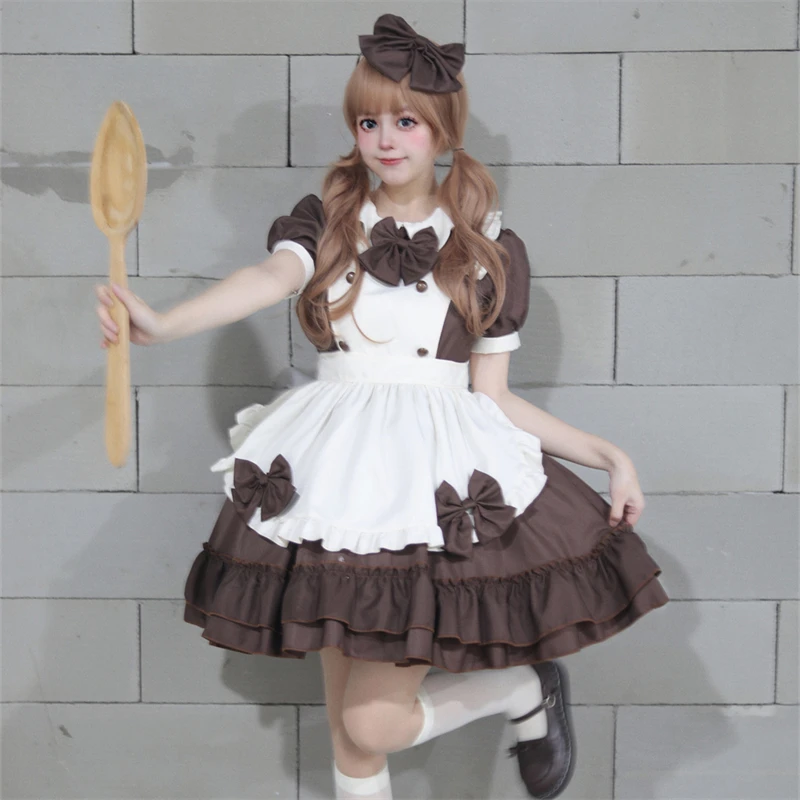 Vintage Koffie Gekleurde Lolita Outfit Japanse Anime Meid Cosplay Kostuum Strik Schort En Pop Hals Bubble Mouw Mini Jurk Pak