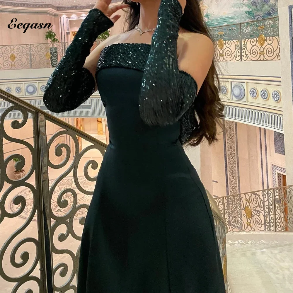 

Green Evening Dresses Strapless Satin Formal Occasion Dress For Women Sequin Long Sleeve Event Party Gowns Robe De Soiree