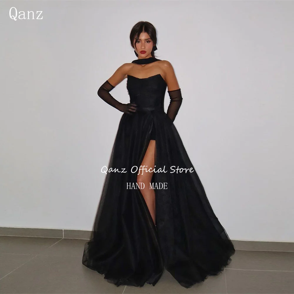 Qanz Gracrfull Tulle Evening Dresses Black High Slit Strapless Corset Bespoke Occasion Dresses Party Prom Gowns Customized