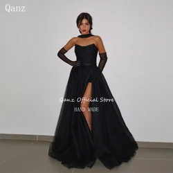 Qanz Gracrfull Tulle Evening Dresses Black High Slit Strapless Corset Bespoke Occasion Dresses Party Prom Gowns Customized