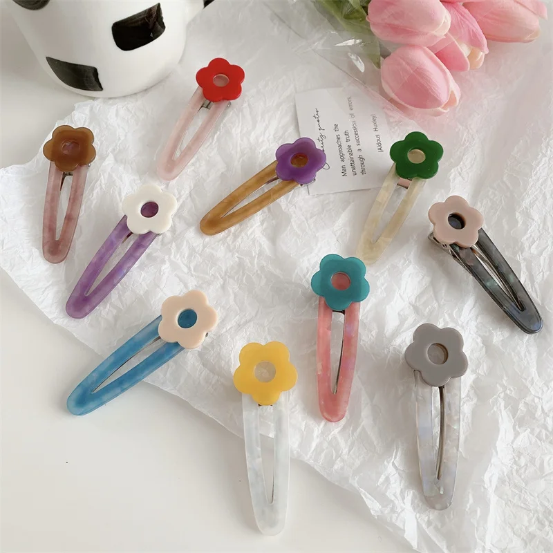 New Flower Hair Clip Plain Color Cute Girls Acrylic Acetate Barrettes Korean Hair Accessories Geometric Floral Side Pins Women