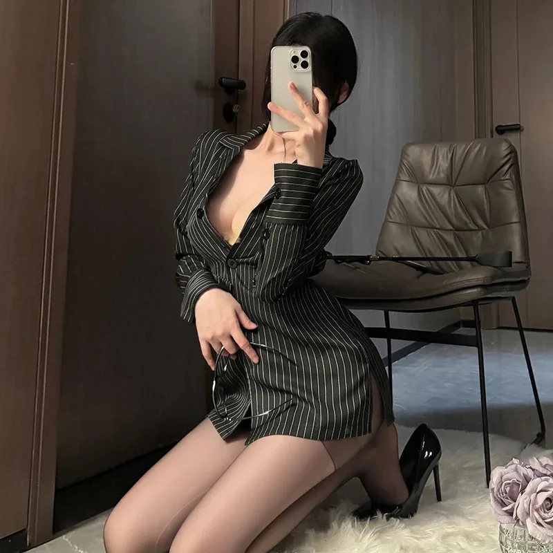 25COSOffice Lady Cosplay Open Bra Role Play Lingerie Costumes Sexy Striped Shirt Office Lady Roleplay Uniform Shirt OL Secretary