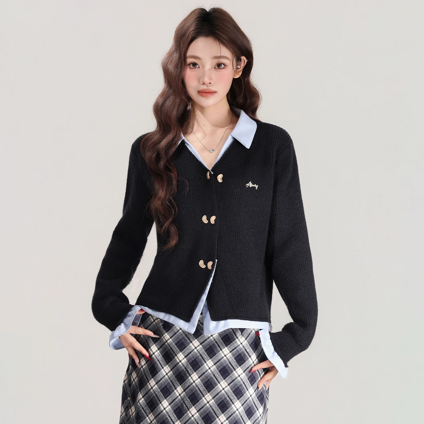 

Black FakeTwo-Piece Knitted Cardigan, Women's Spring and Autumn New Style College Style Shirt, Collar Sweater, Jacket, Top