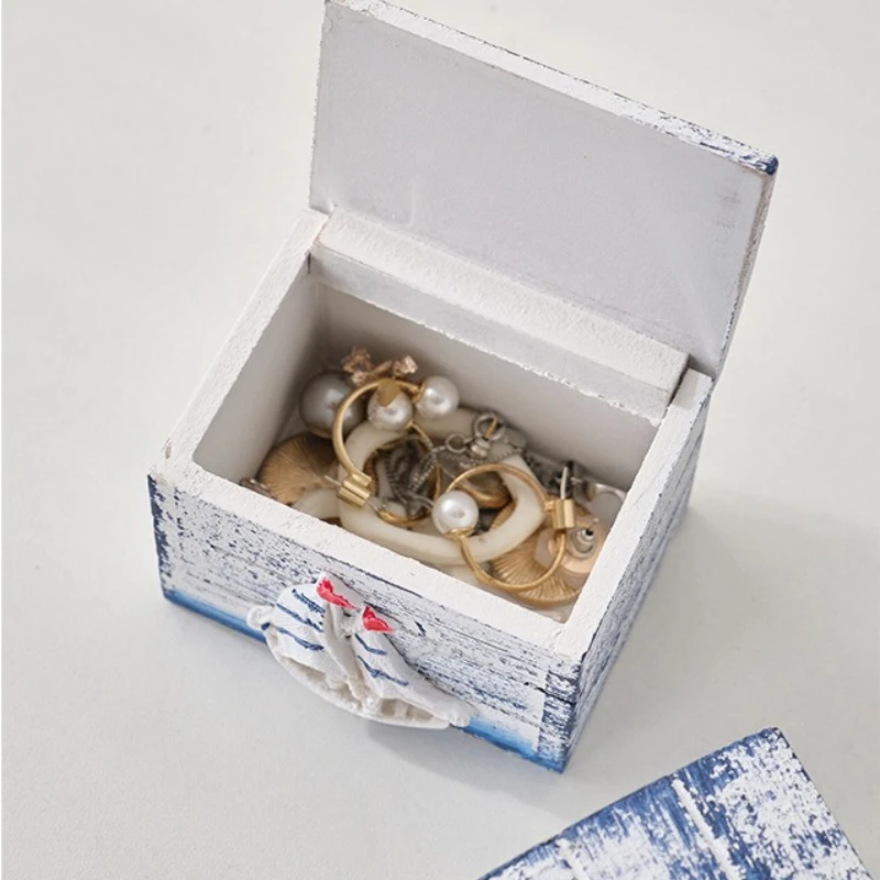 Sailboat Starfish Lighthouse Decorative Box Vintage Solid Wood Storage Box Desktop Organizer for Clutter Home Decor Accent Piece