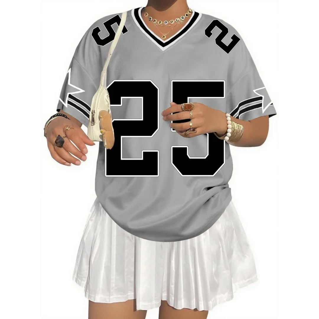 قمصان جيرسي كبيرة الحجم للنساء فضفاضة برقم جرافيك تي شيرت برقبة على شكل V Y2k ملابس الشارع الشهير قمة الموضة متجر الملابس النسائية #4