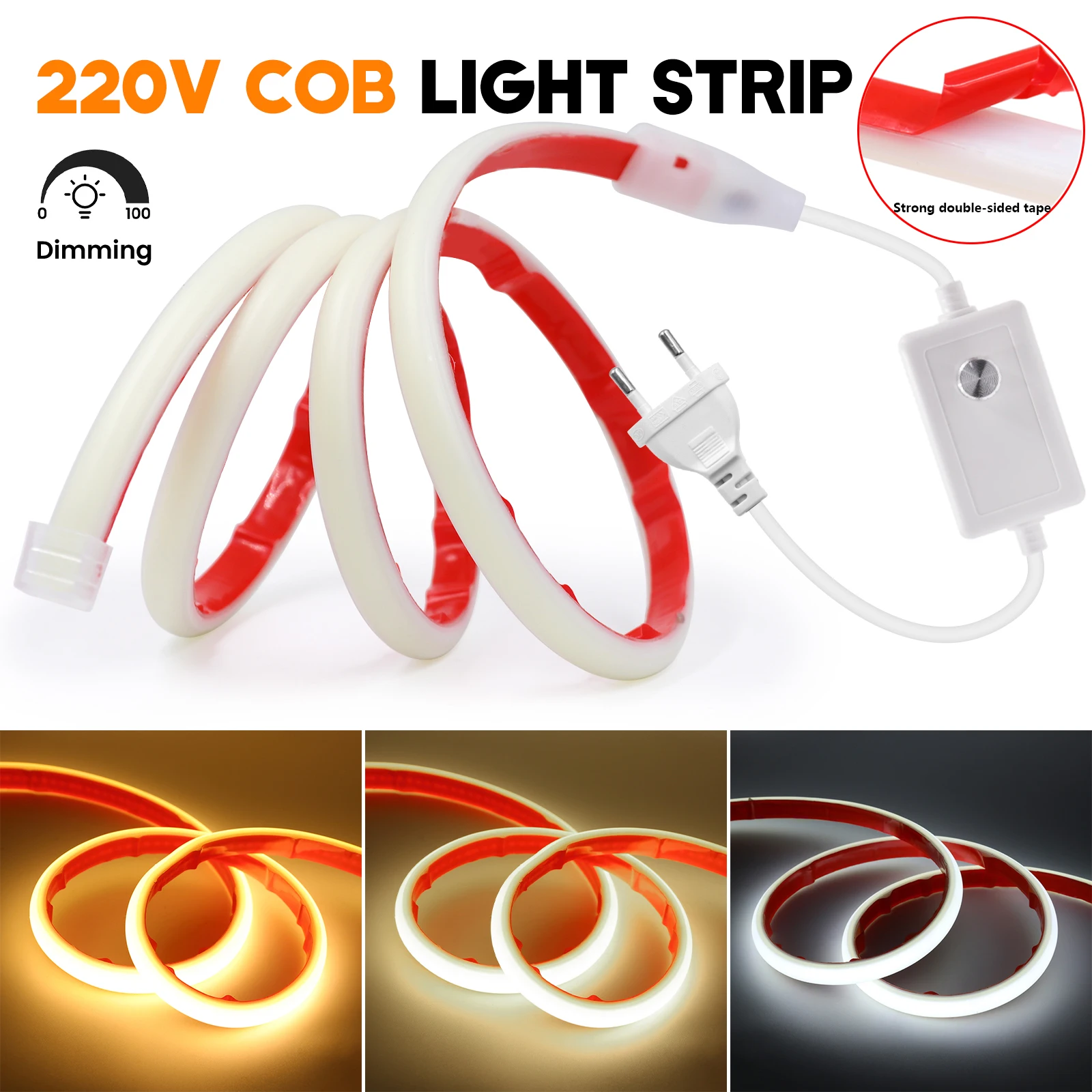 

LED Light Adhesive Strip 220V 288LEDs/m Waterproof Flexible COB LED Tape Linear Dimmable Warm White/Natural White/White Light