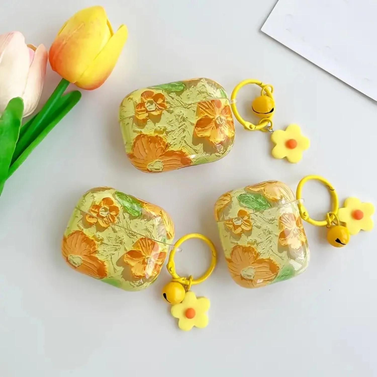 1 قطعة غطاء سماعة أذن بنمط الزيت الأصفر مع سلسلة زهور لأجهزة Airpods 1/2/3 Pro #2