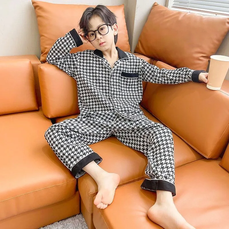 Plaid Pajamas for Boys Toddler Boys Loose Lightweight Long Sleeve Collared Sleepwear Wear for Spring Autumn Air Conditioning
