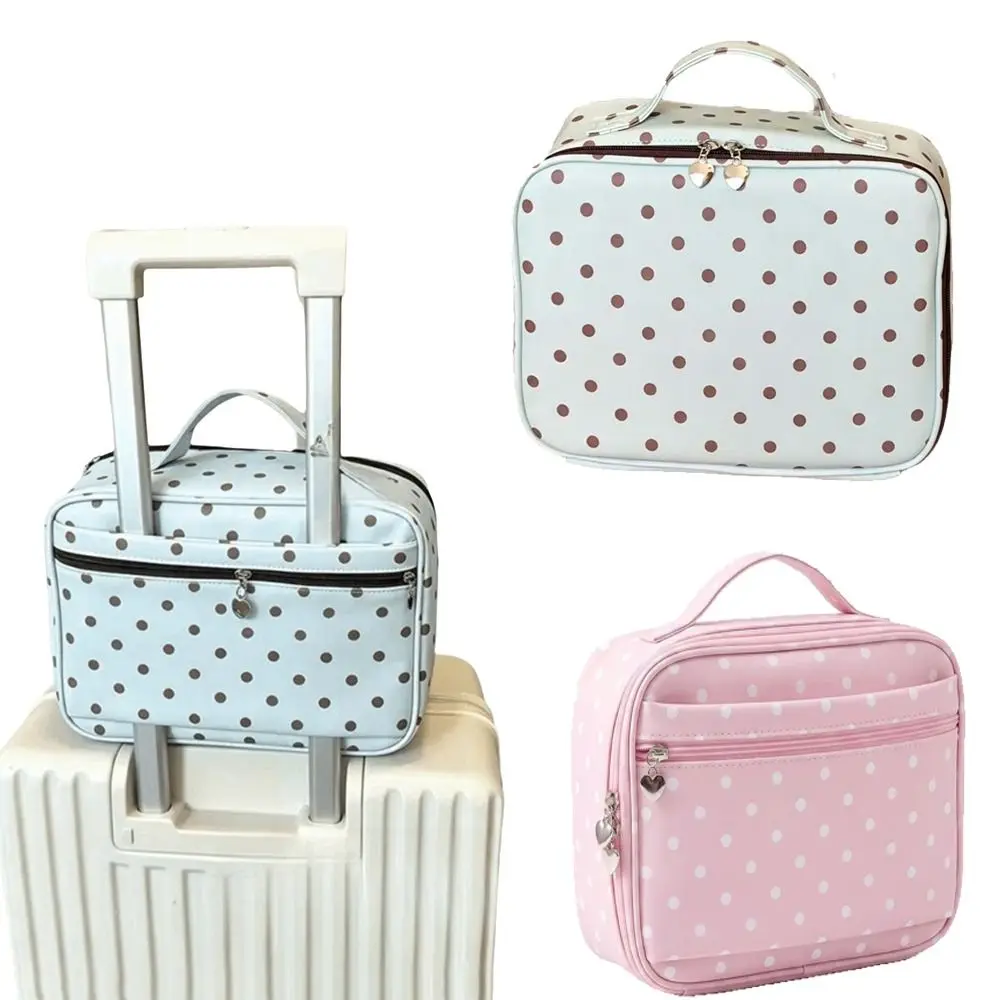 Large Capacity Handheld Makeup Bag PU Leather Polka Dot Portable Toiletry Pouch with Mirror Sturdy Handle Travel Wash Pack