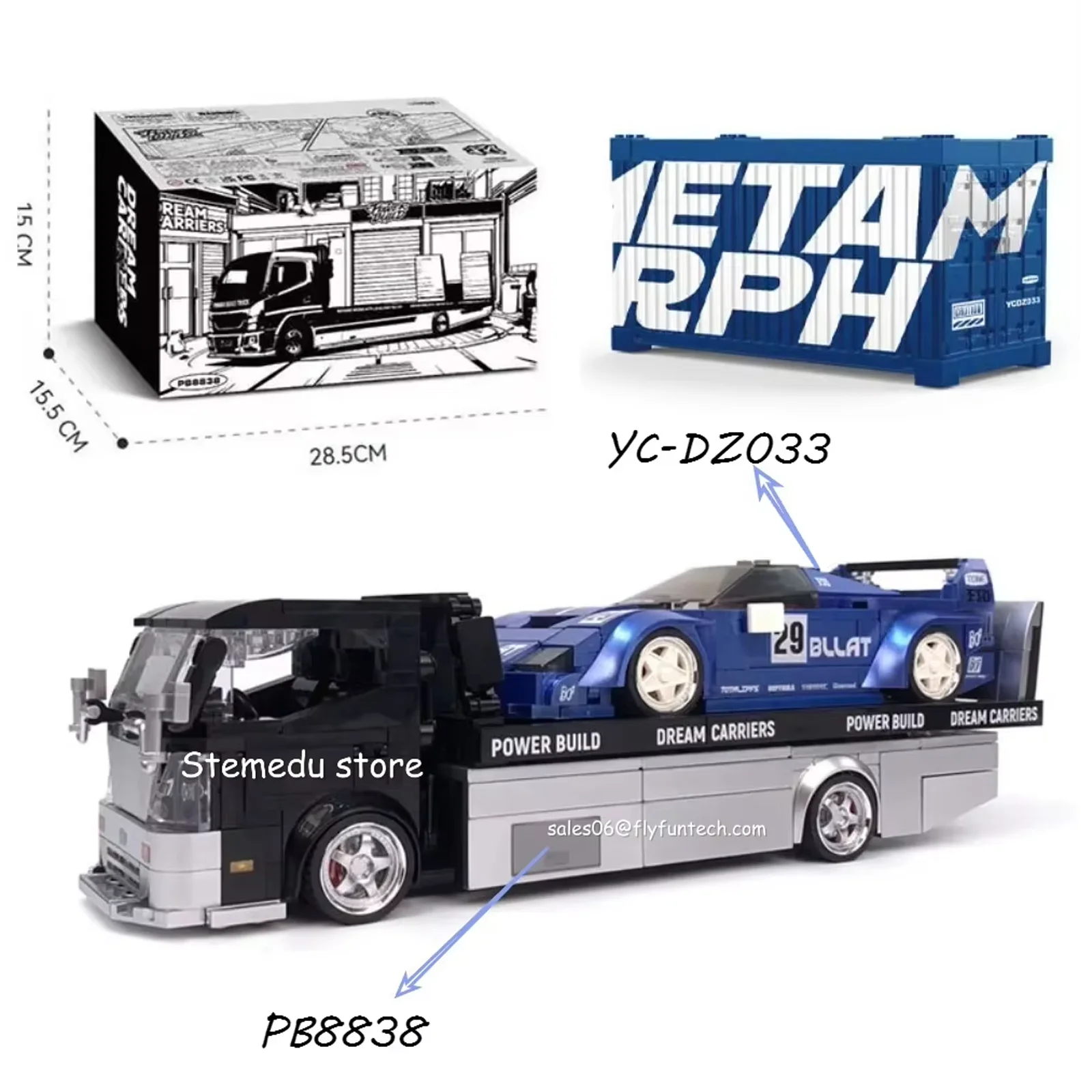 パワービルド-yc-dz033-pb8838-ビルディングブロック-トレーラートラック-車両-スーパーカー-テクニカルブルー-スポーツカーモデル-ブリックギフト