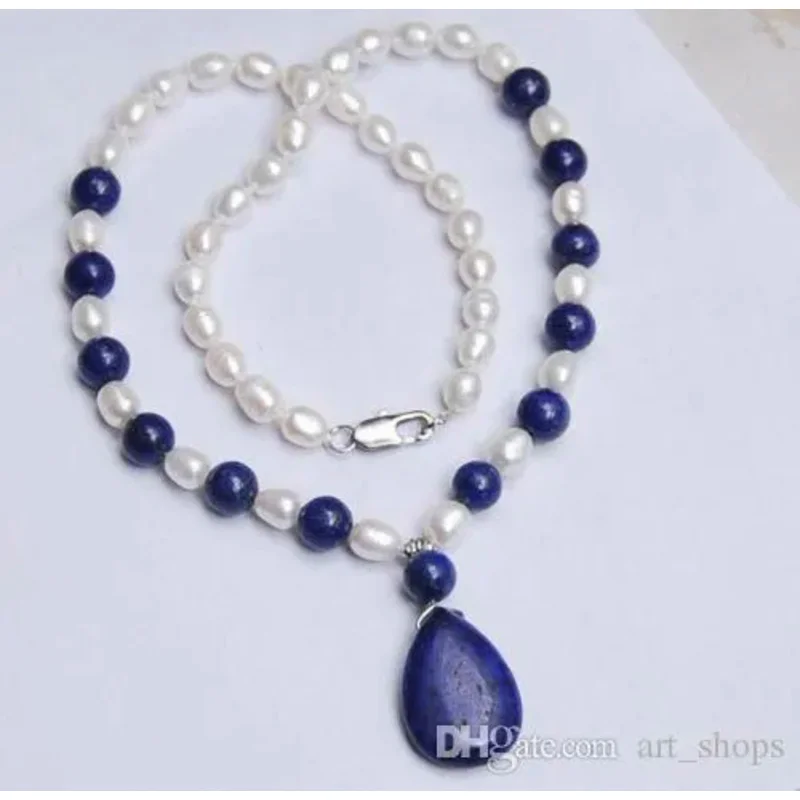 

2017 natural 7-8mm white Akoya Pearl/lapis lazuli pendant nlace 18"