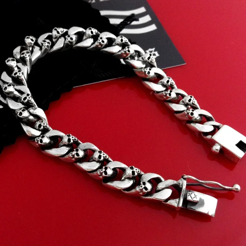 ZABRA Authentic 925 Sterling Silver 8mm Skull Bracelet Link Chain Mens Bracelet Vintage Thai Silver Punk Bracelets Men Jewelry