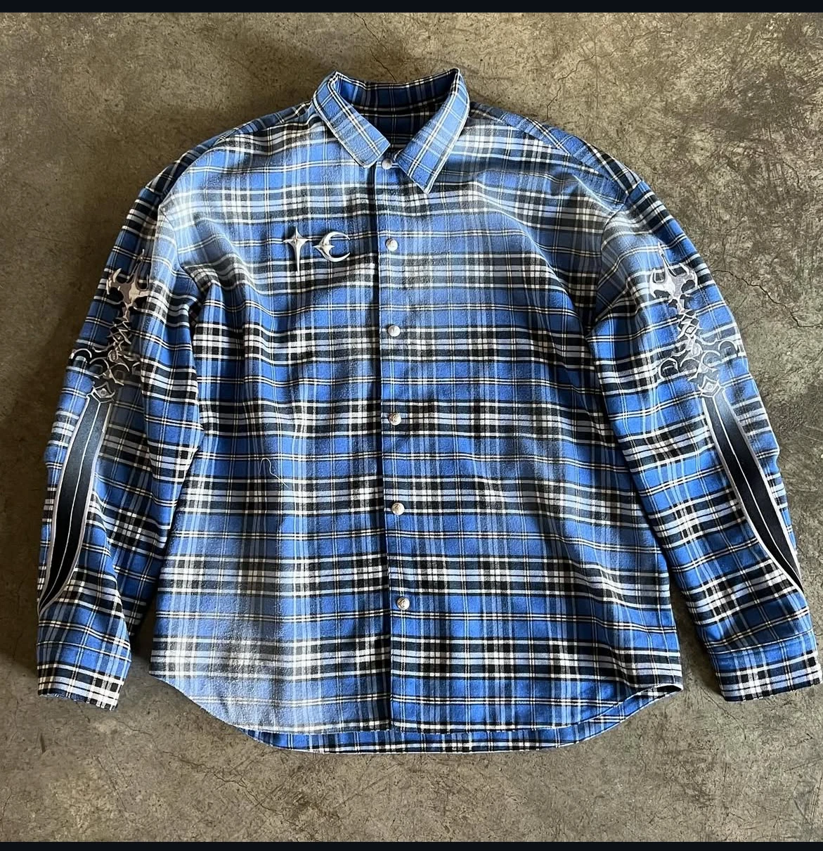 

Винтажная длинная све irt Jaet Thug Club FW24, клетчатая фланелевая мужская одежда с мечом, повседневная молодежная мода