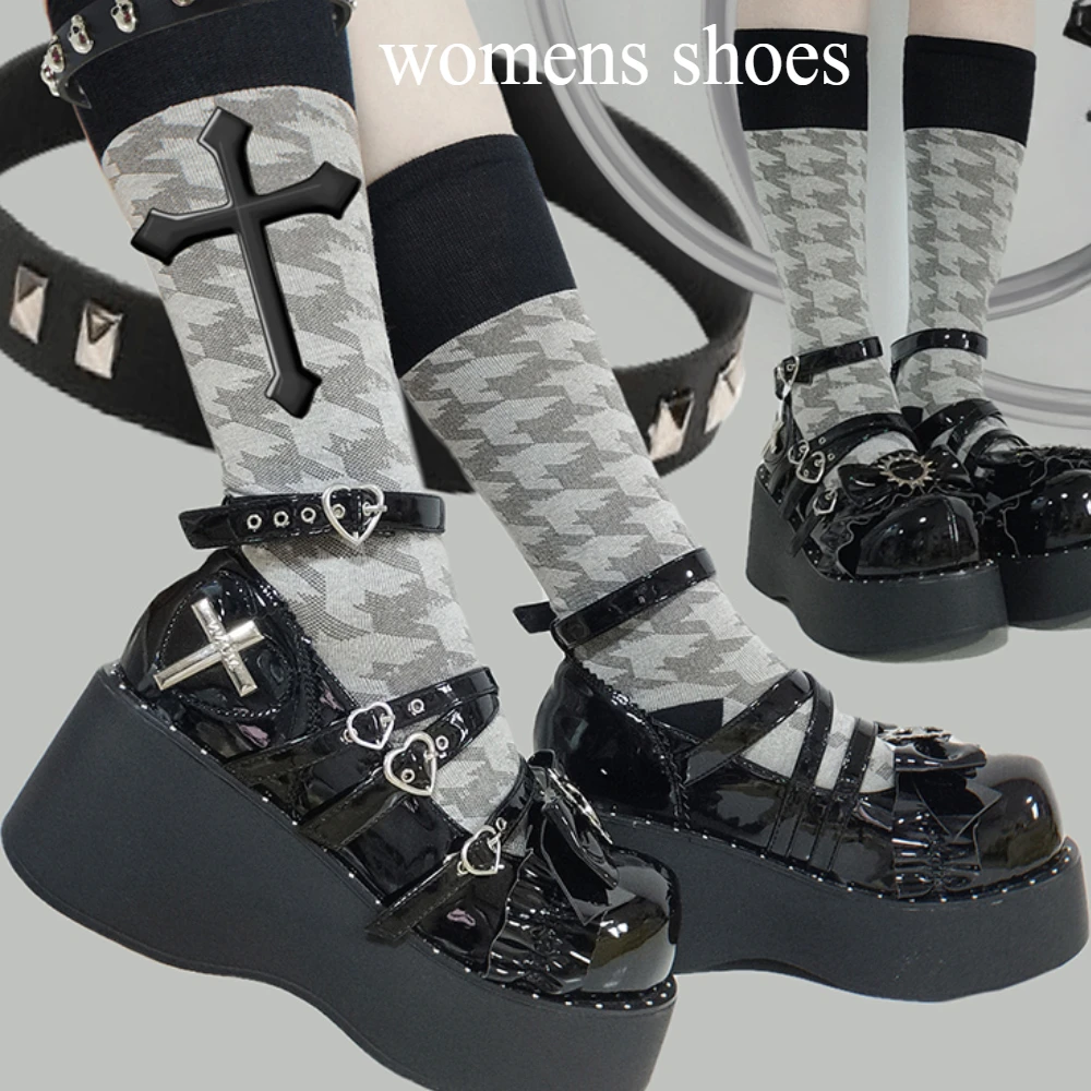 

Fashion Platform Womens Shoes Y2k Subculture High Heel Student Punk Style Single Shoes Casual Chain Black Bow Pumps