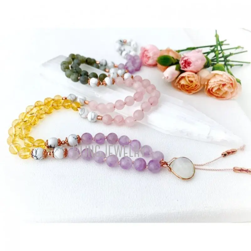 MN35011 Strength Goddess Mala With Rose Quartz Citrine Amethyst Labradorite Howlite  Beads  Necklace 108 Prayer 