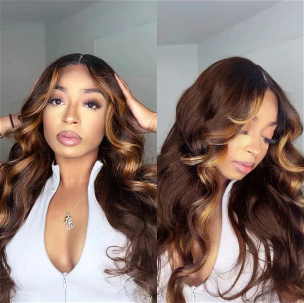 Soft 28Inch Highlight Brown Long Wave 5x5 Silk Base Jewish Human Hair Wig With Baby Hair HD Lace European Hair Preplucked Daily