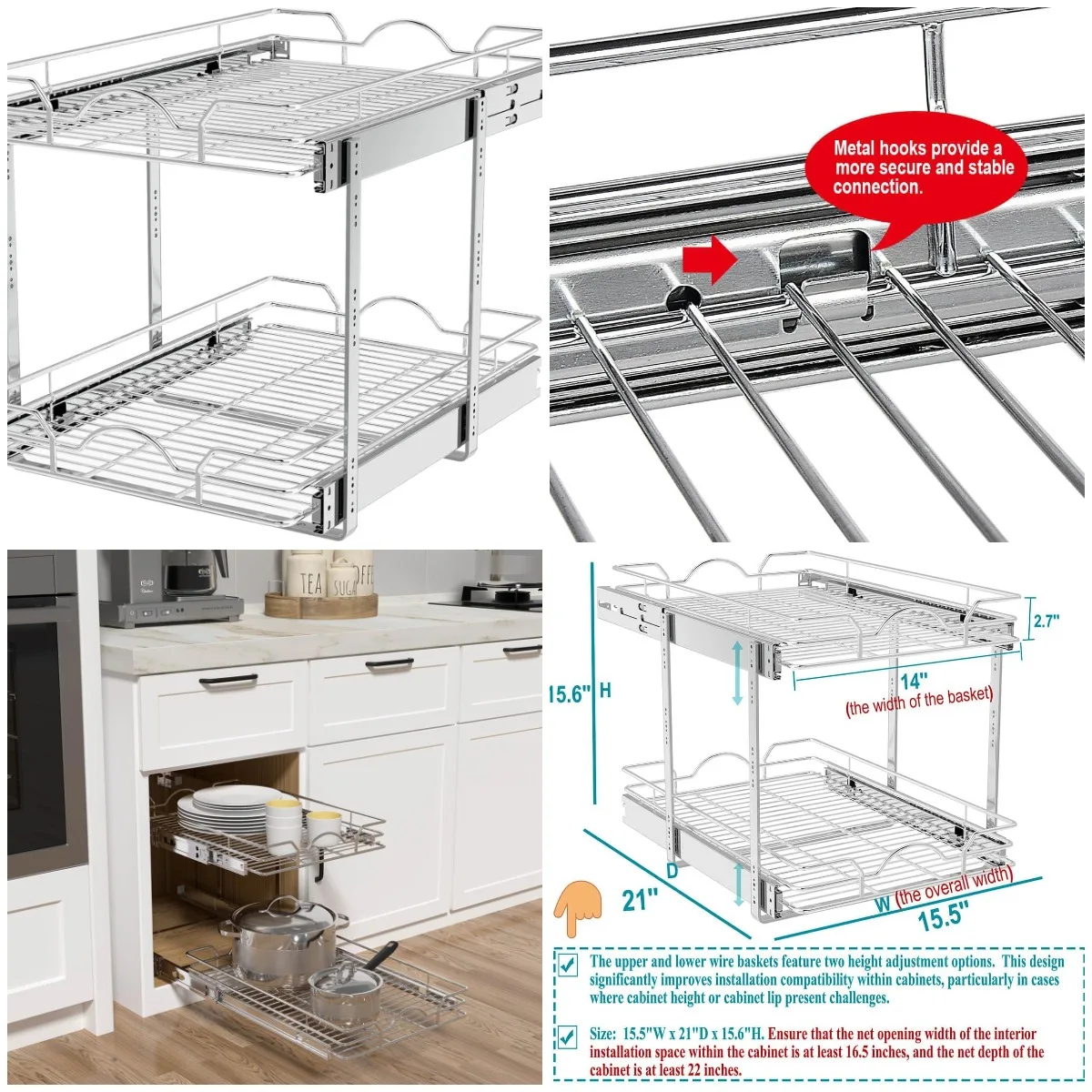 

2-Tier Pull-Out Cabinet Organizer, 15.5' W x 21' D, Chrome Kitchen Cabinet Drawer, Adjustable Shelf for Base Cabinet, Pantry & B