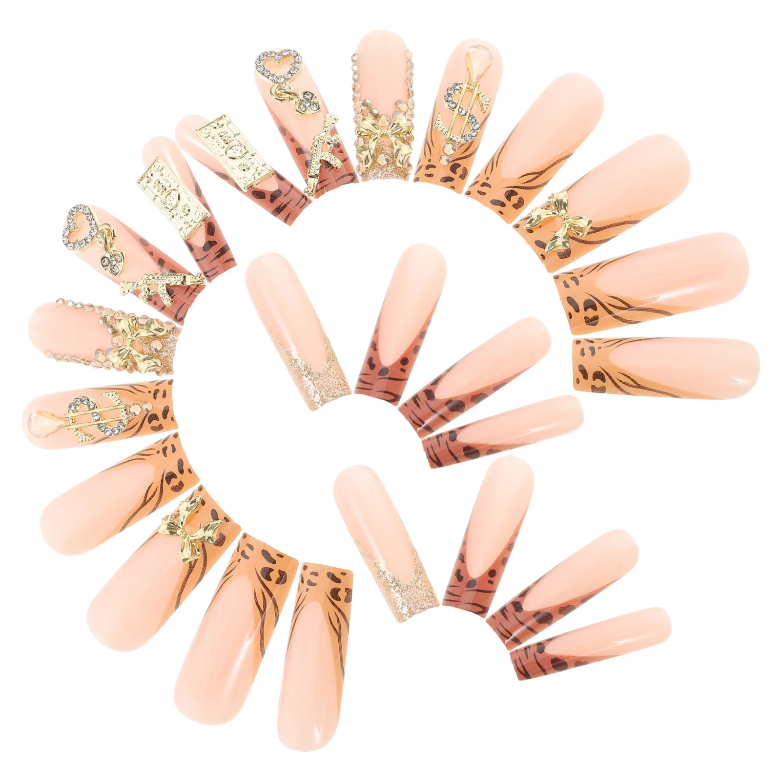 Ensemble de faux ongles longs en forme de cercueil, 1 boîte, couleurs assorties, imprimé léopard, nœud français doré, Nail Art pour femmes et filles