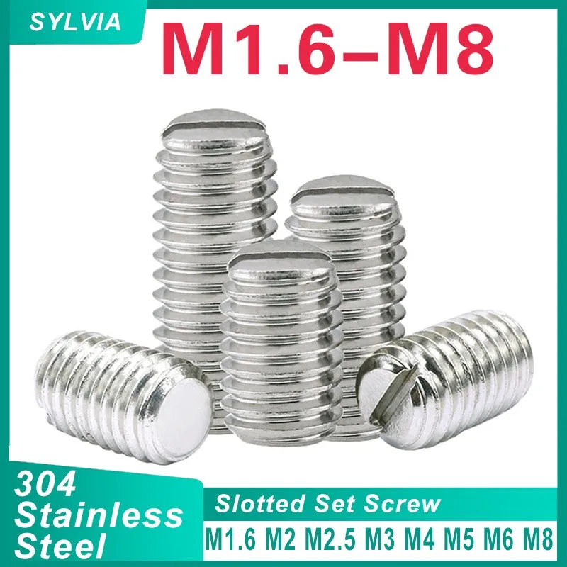 10/ 20/ 50pcs M2 M2.5 M3 M4 M5 M6 M8 304 Stainless Steel Slotted Head Set Screw Flat Point  Set Grub Screw Headless Set Screws