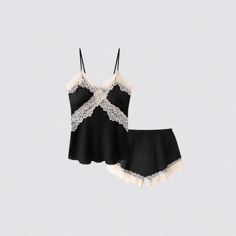 Damen Sexy Satin Pyjama Set Spitzenbesatz Cami Top Shorts Lingerie Nachtwäsche Seidig Schwarz Creme V-Ausschnitt Spaghetti-Träger Zweiteiliges Set – Detail 9