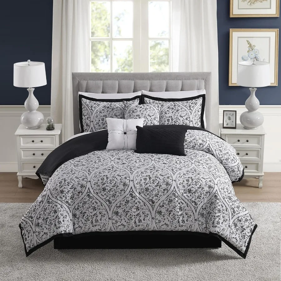 

Комплект одеял Queen — коллекция постельного белья из 7 предметов — черный/белый дамасский размер королевы высшего качества включает 1 одеяло 2 подушки