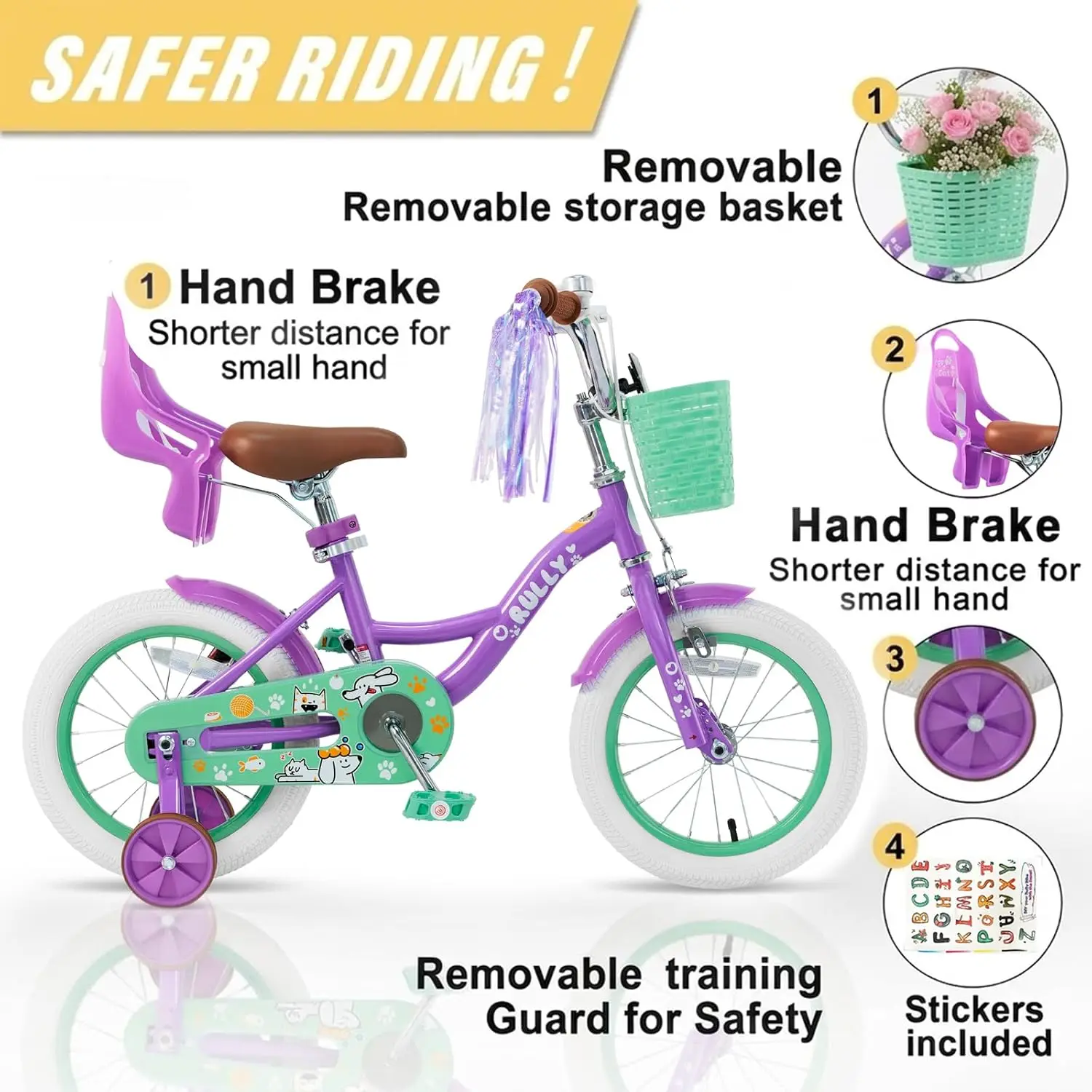Girls Bike 12 14 16 Inch Kids Bicycle with Training Wheels, Basket, and Doll Seat for Children Ages 2-6
