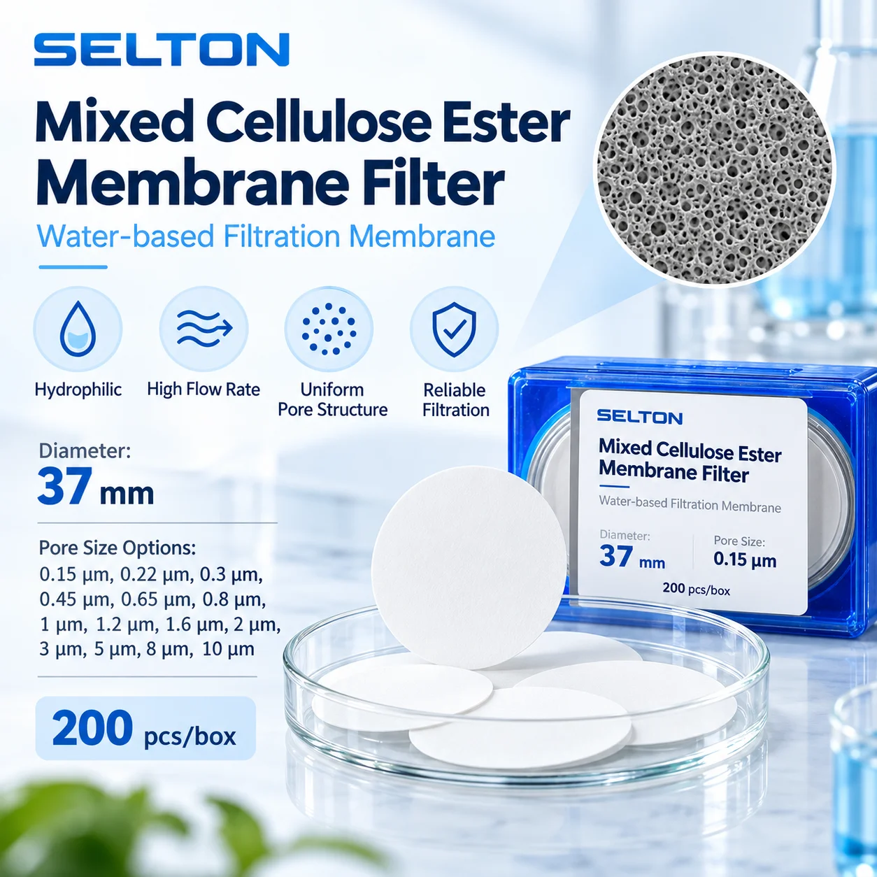 SELTON MCE Membrane Filter 37mm Hydrophilic Mixed Cellulose Ester Microporous Disc 0.15-10um for Lab Water Filtration 200pcs