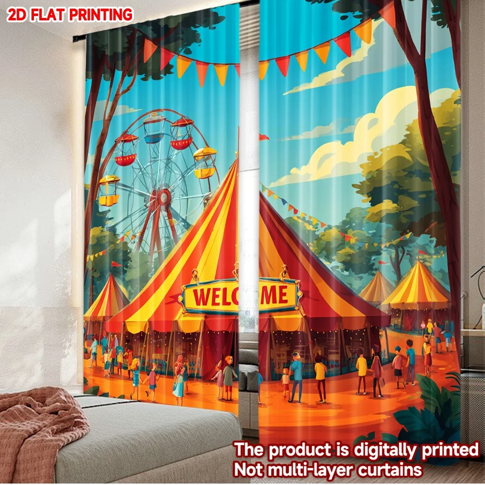 2D flat printing 2pcs Curtain Curtain Carnival Ferris Wheel Scene Digital Printed Polyester Drapes Birthday Party Perfect for
