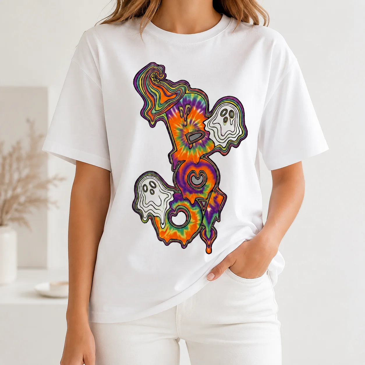 Tie Dye Boo Ghost Halloween T Shirt Women Retro Trippy Witch Hat Graphic Casual Short Sleeve Fall Tee