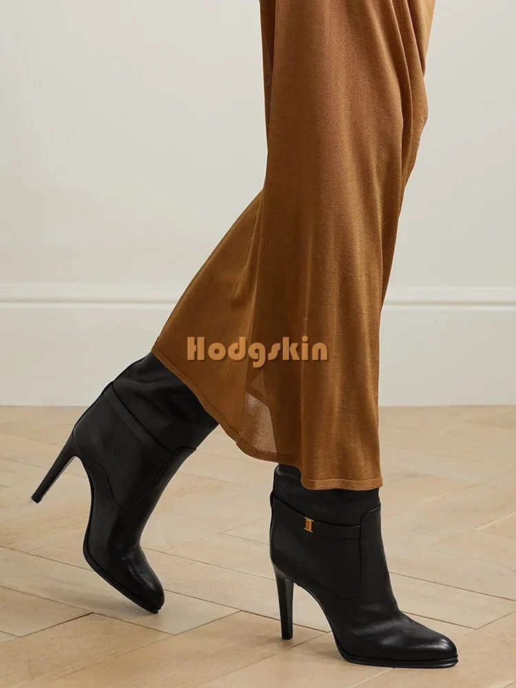 Suede Brown Stilettos Knee-high Boots Pointed Toe Side Metal Decor Slip-on Motorcycle Boots Fashion Office Lady New Modern Shoes