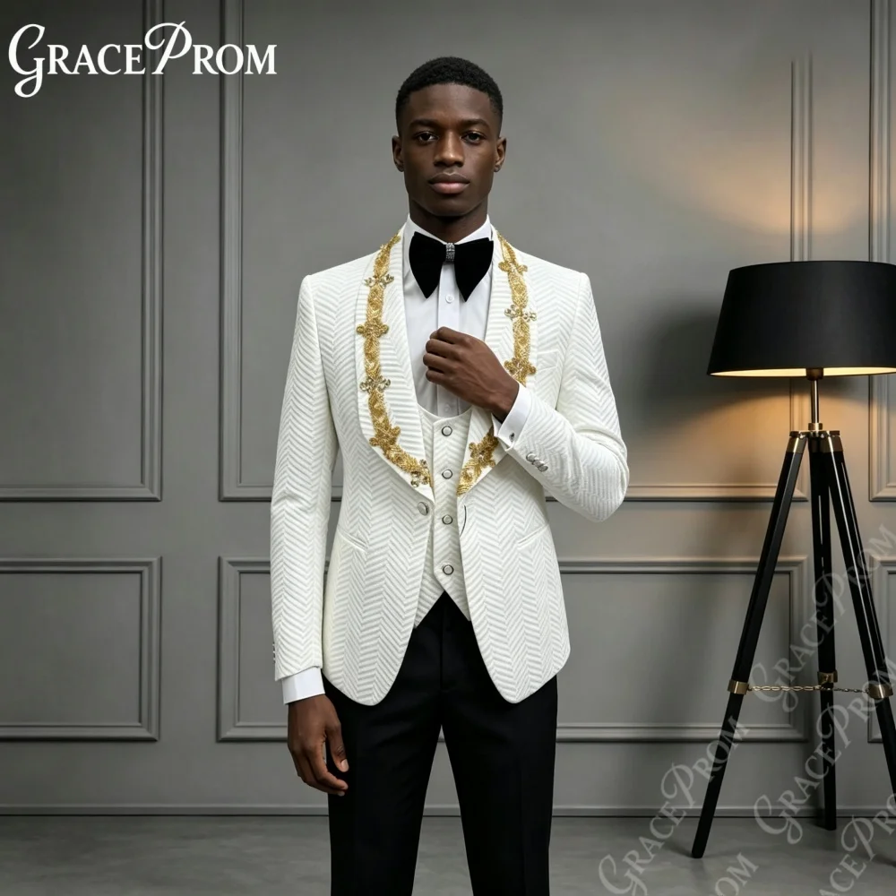 Premium Gold Embroidered Men Suit 3 Pieces Formal Party Wear Premium Shawl Slim Fit Tuxedo Sets White Wedding Groom Suits S‑3XL