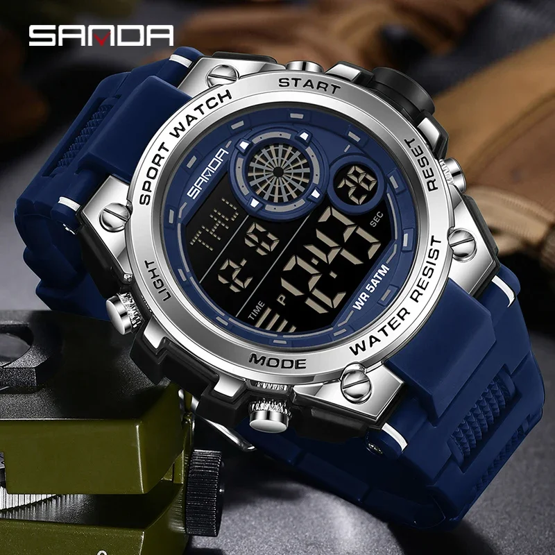 패션 SANDA 브랜드 신제품 6255 남성용 전자 시계 스포츠 다기능 50M 방수 LED 디지털 야간 조명 남성 손목시계