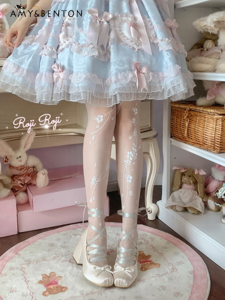 Japanese Sweet Flower Print Lolita Socks Women Japanese Versatile Kawaii White Stockings High Waist Slim Cute Thigh High Socks