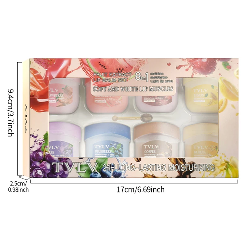 8 Fruit Lip Balm Set with Spoon Lip Care Autumn and Winter Moisturizing Lip Mask Set