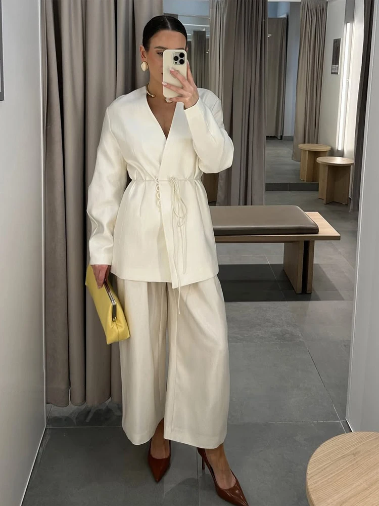 White Stand Collar Long Pant Suits Women Chic Solid Full Sleeves Single Breasted Loose Pants Set Lady Daily Street Outfit New