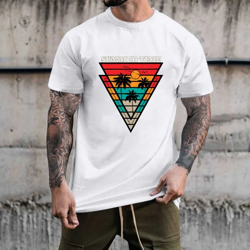 Vintage SUMMERTIME Coconut Tree Sunset Triangle Pattern Heat Transfer White Ink Iron - on Sticker, Suitable for T - shirts,