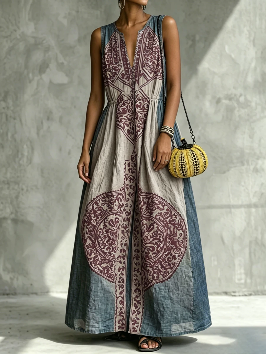 Bonboho Women's Oversized Maxi Dress Medallion Ethnic Print Sleeveless V Split Front Drawstring Cinch Waist Beach Long Dress