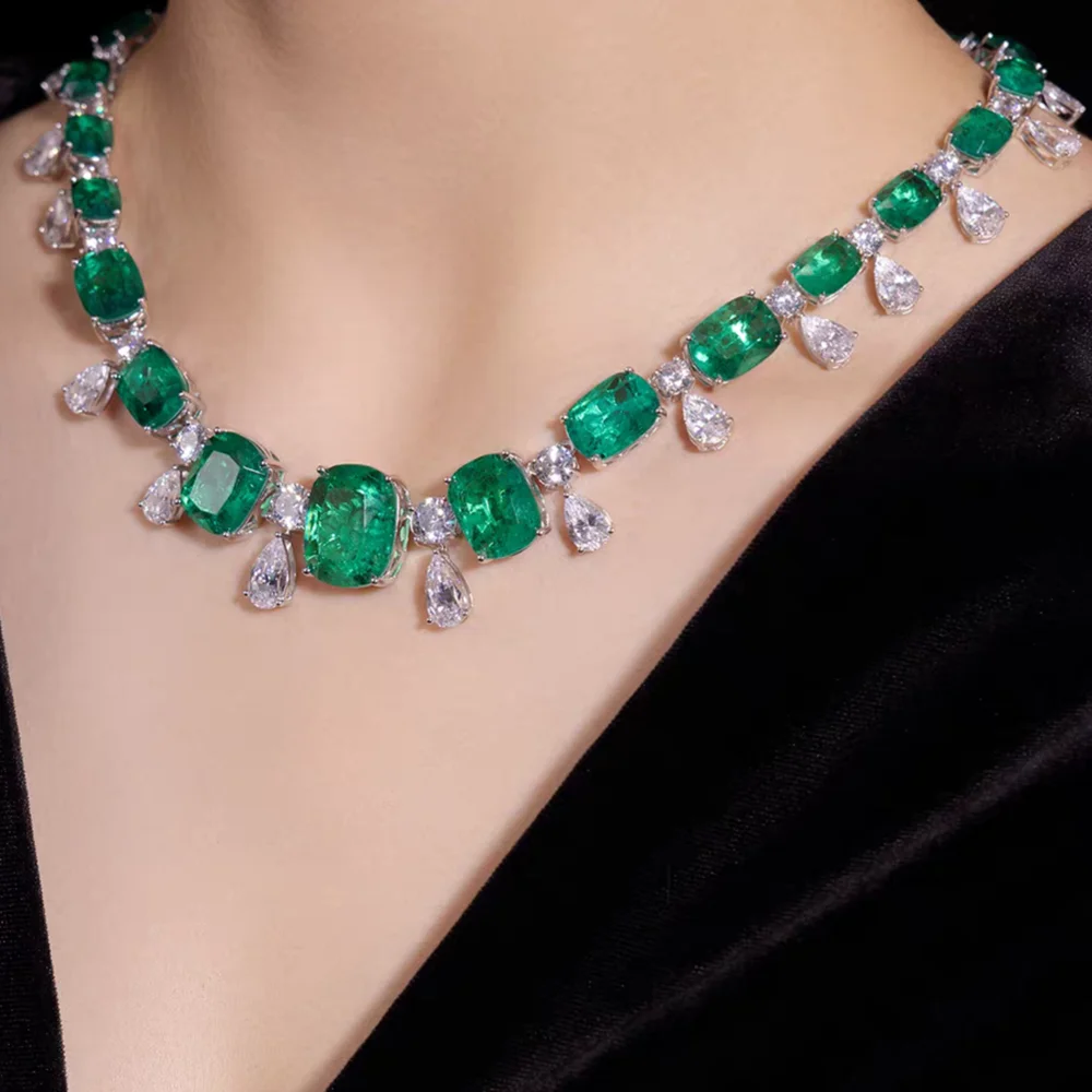 ARIGAYA Solid 925 Silver Synthetic Emerald Green GemStone High Carbon Diamond Tennis Necklaces Luxury Fine Jewelry Women Party