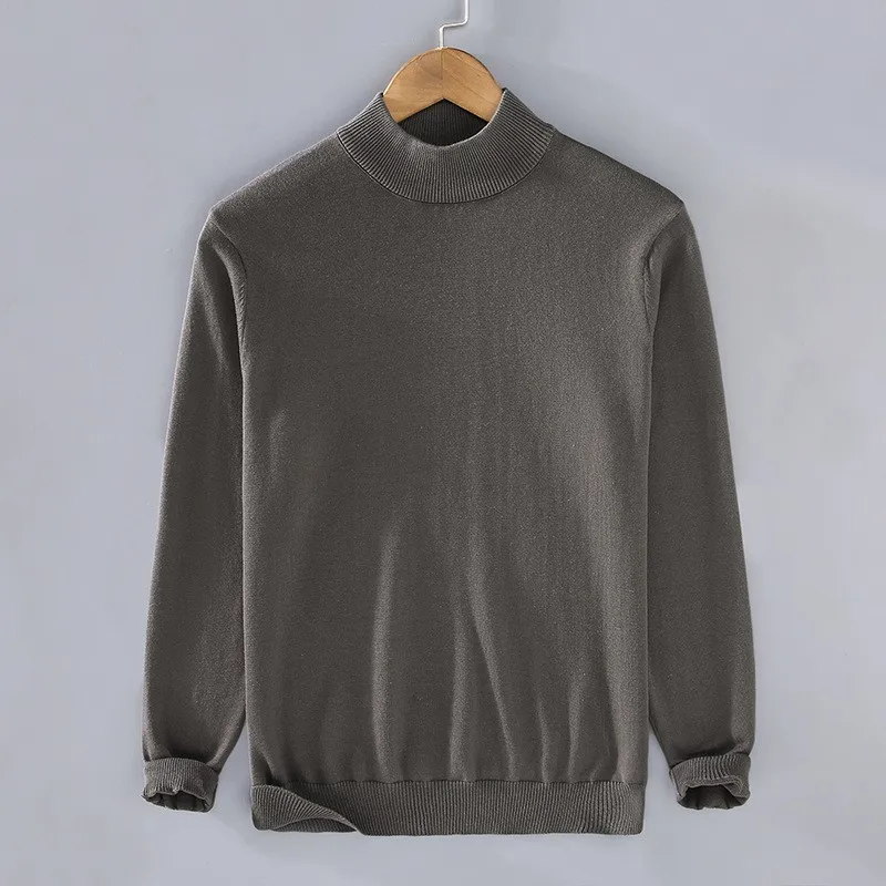 

Loose Casual Pure Color mid Ne Cotton Sweater Men's Autumn Winter f High Collar Knitted irt Faionable Base Layer