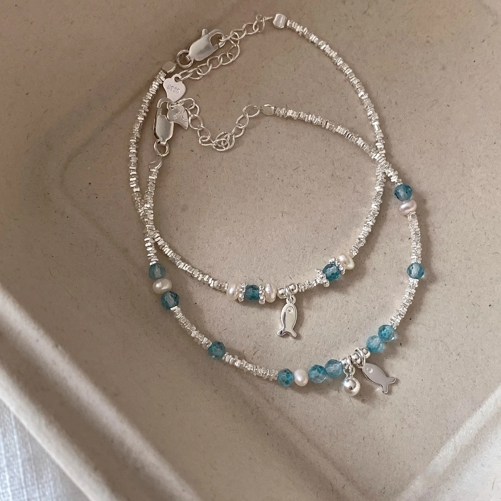 925 Sterling Silver Bracelets for Women Men String Accessories Trend Vintage Blue Stone Beads Pendant Party Jewelry Gift