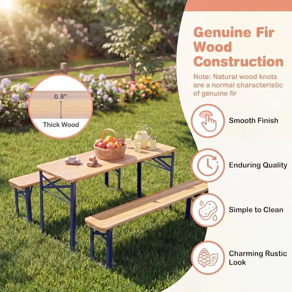Portable Outdoor Picnic Table Set with 2 Benches, 43.5 Wooden Top, Metal Frame, Easy Storage, Ideal for Camping and Backyard (Bl